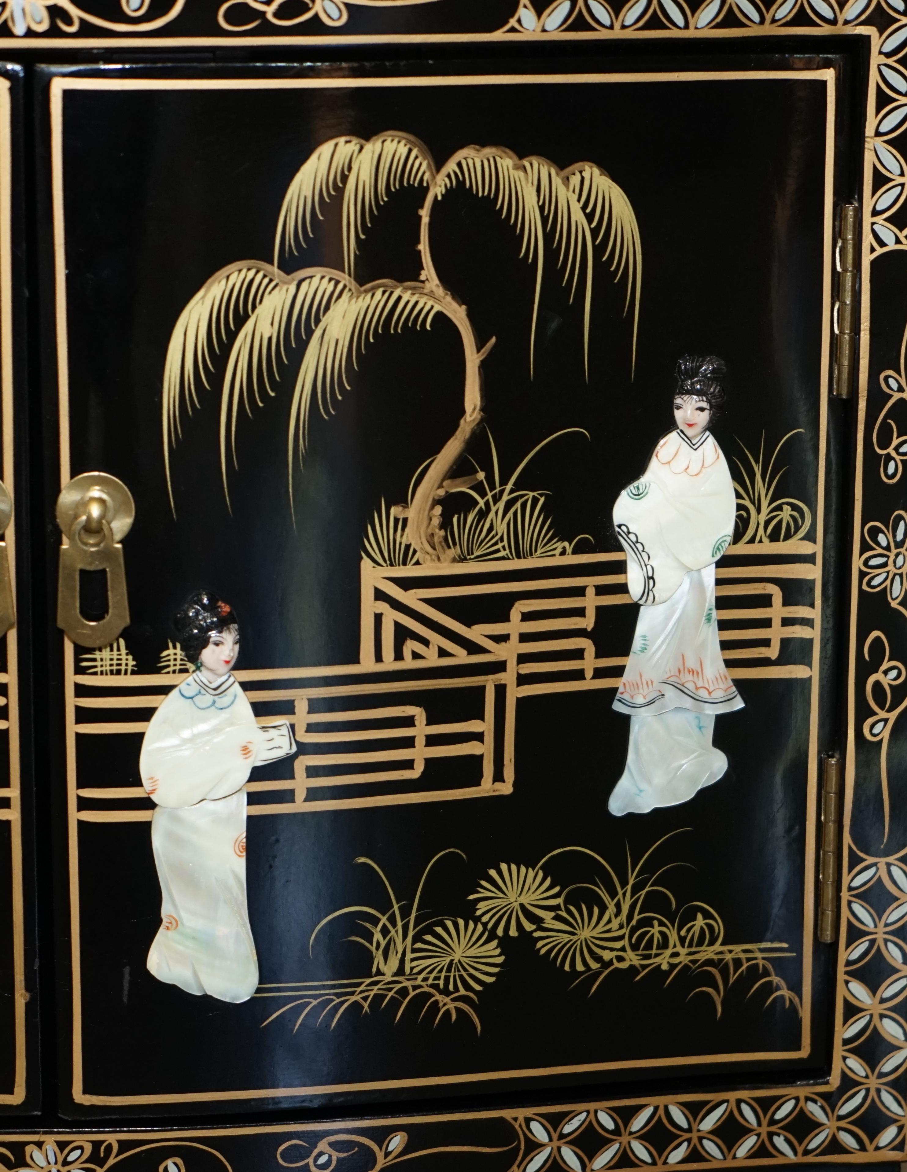 Decorative Chinese Chinoiserie Geisha Girls Lacquer Side Cabinet Soapstone For Sale 5