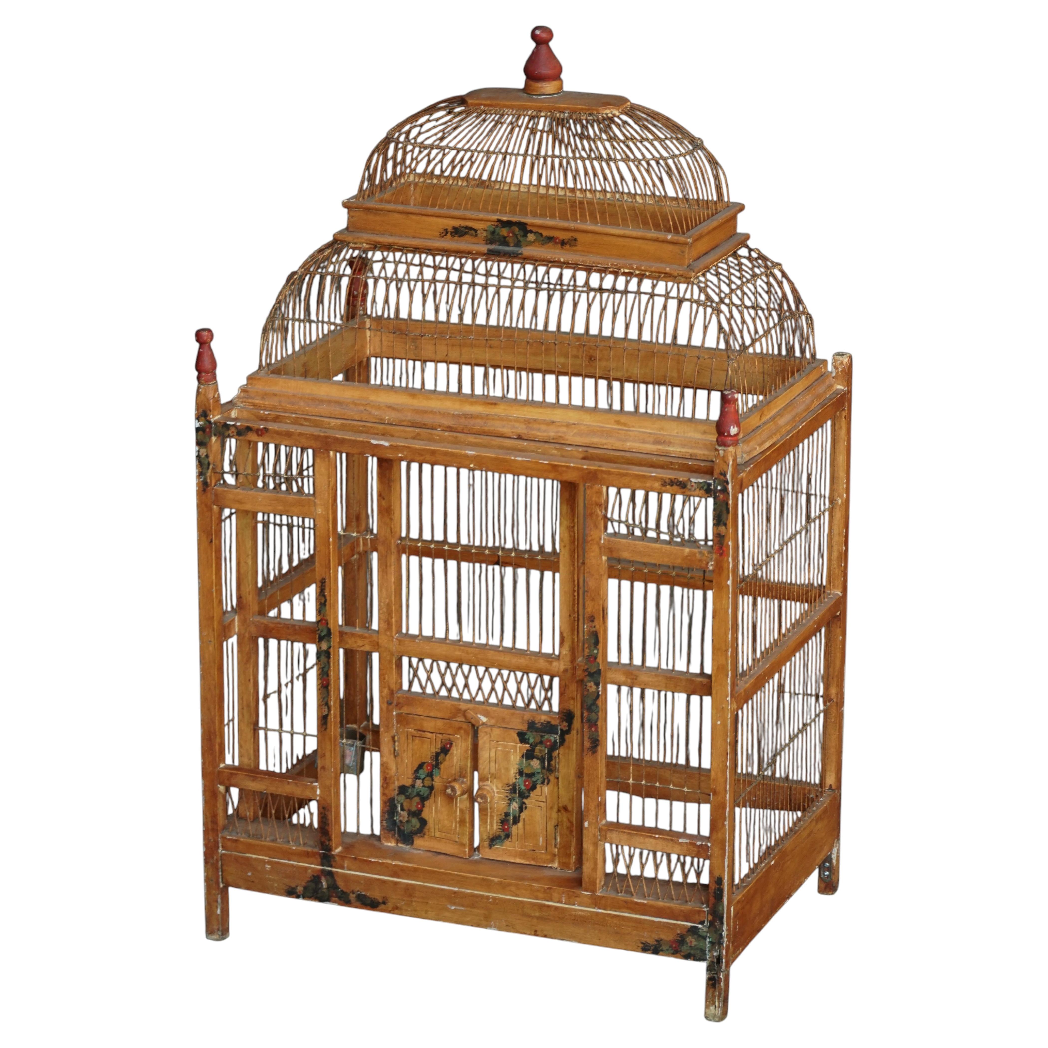 Decorative Chinese Painted Wooden Bird Cage, Early 20th Century, 1930s For Sale