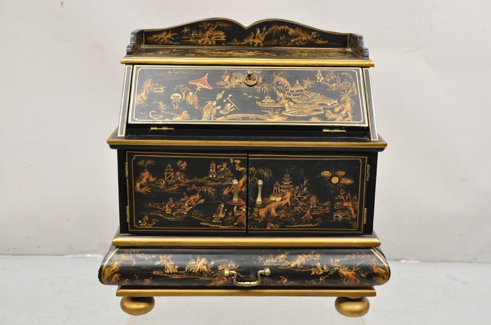 Decorative Chinoiserie Bombe Style Black Lacquer Oriental Jewelry Box For Sale 7
