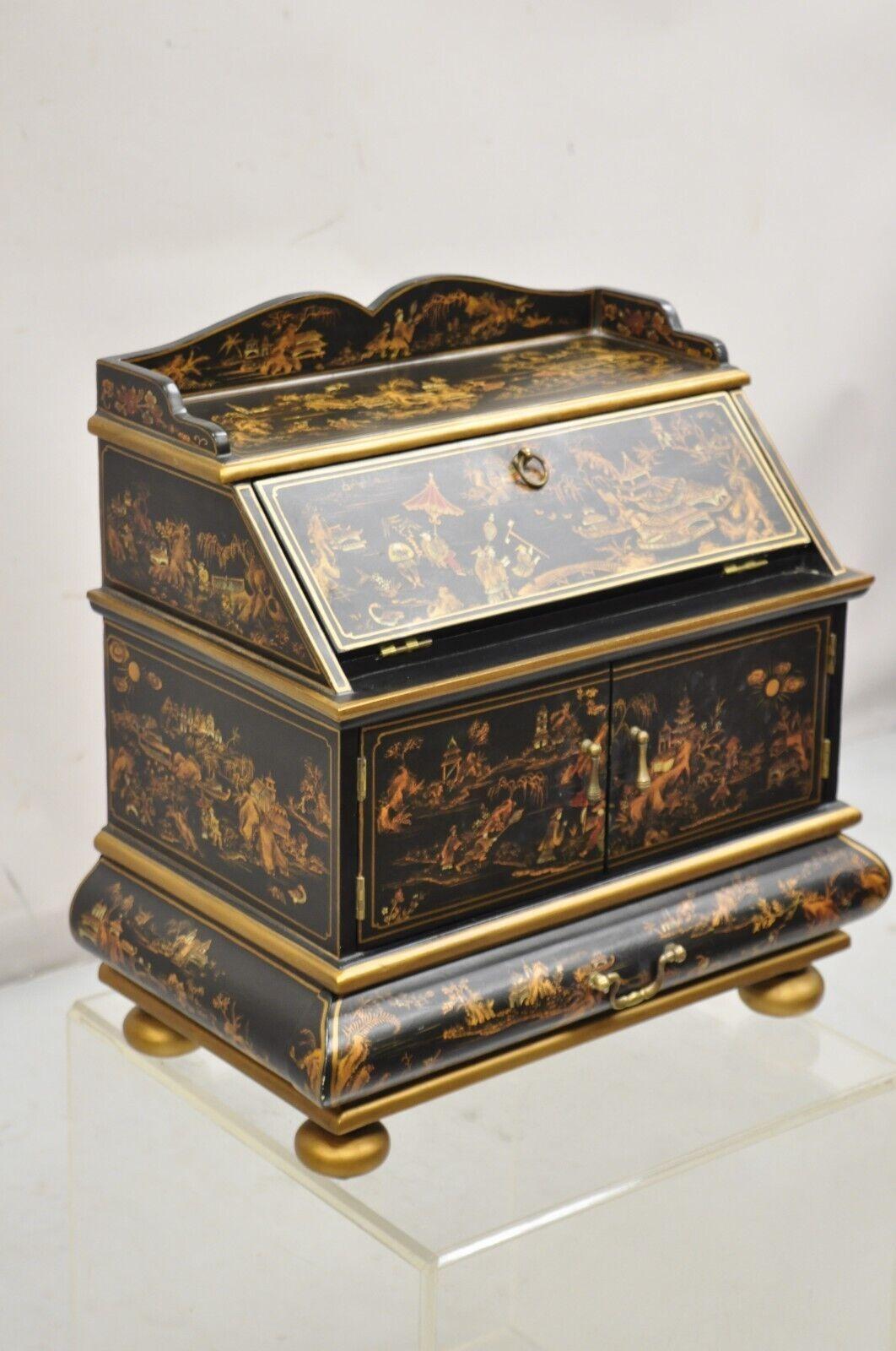 Decorative Chinoiserie Bombe Style Black Lacquer Oriental Jewelry Box In Good Condition For Sale In Philadelphia, PA