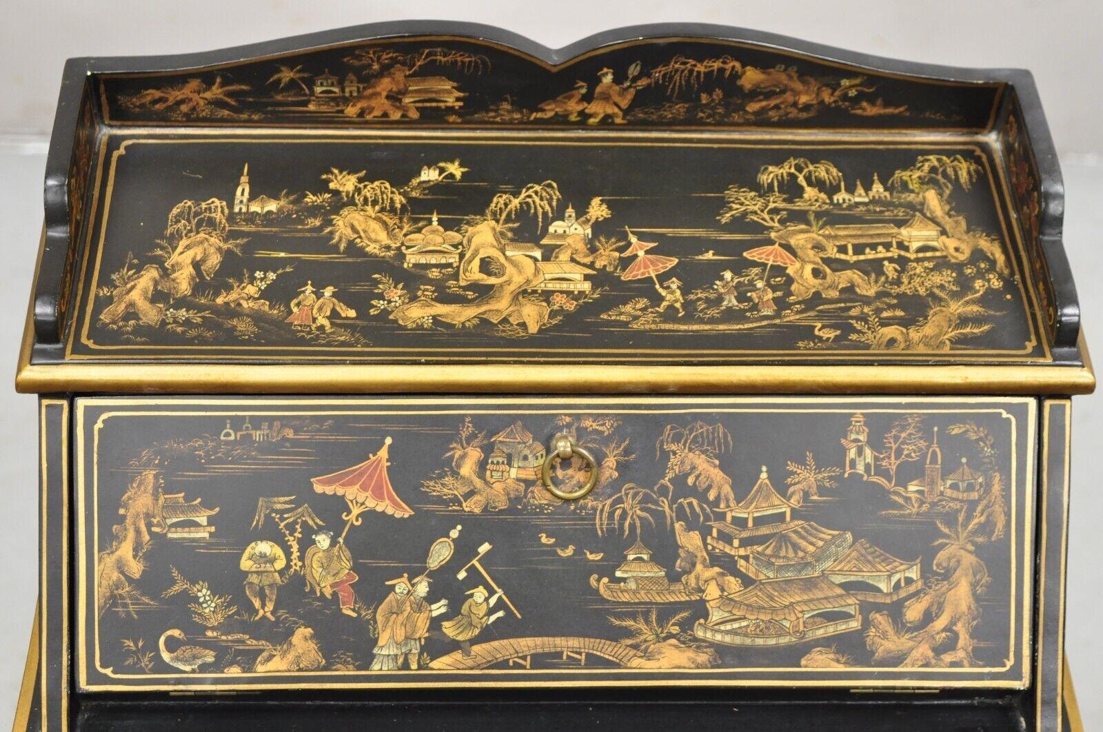 20th Century Decorative Chinoiserie Bombe Style Black Lacquer Oriental Jewelry Box For Sale