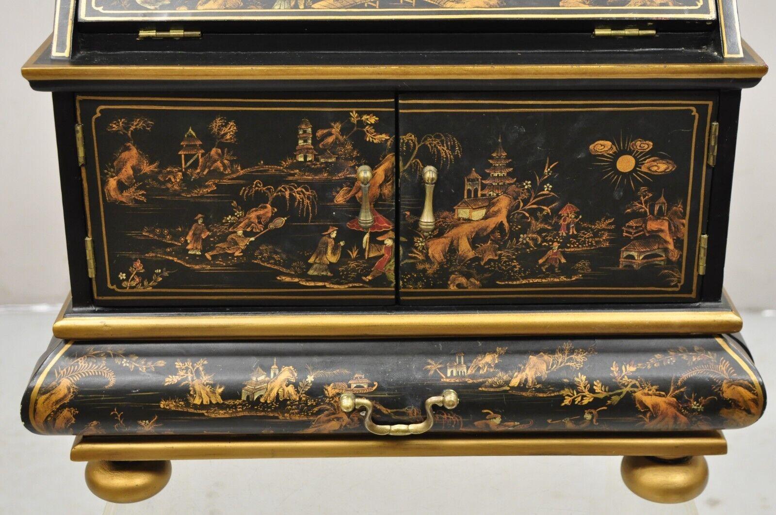 Wood Decorative Chinoiserie Bombe Style Black Lacquer Oriental Jewelry Box For Sale