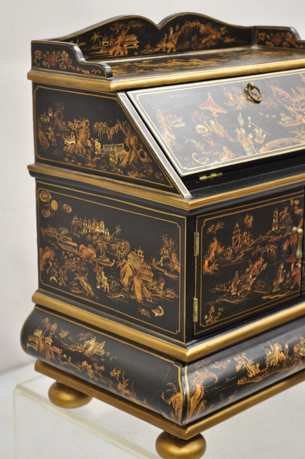 Decorative Chinoiserie Bombe Style Black Lacquer Oriental Jewelry Box For Sale 1