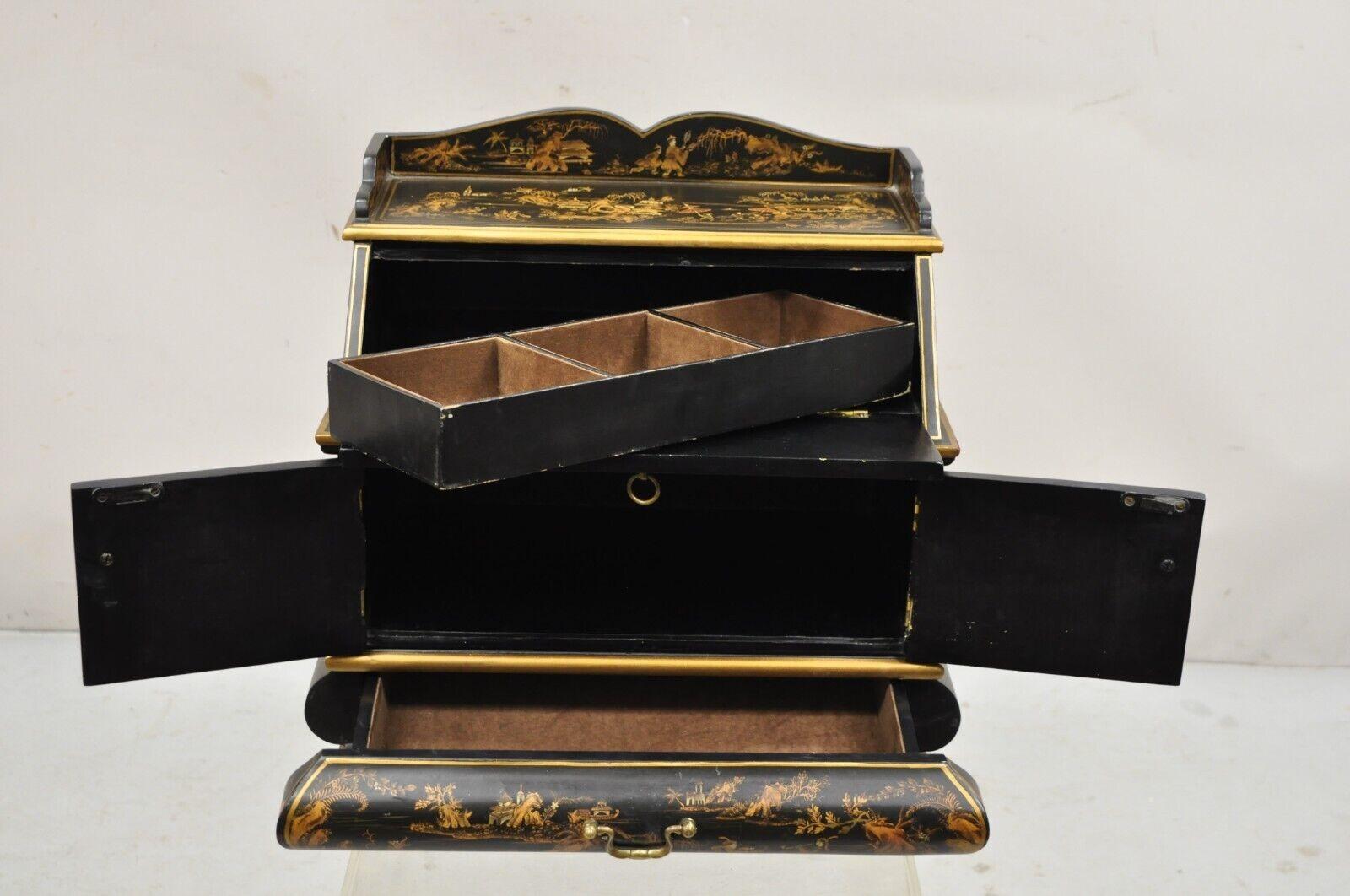 Decorative Chinoiserie Bombe Style Black Lacquer Oriental Jewelry Box For Sale 2