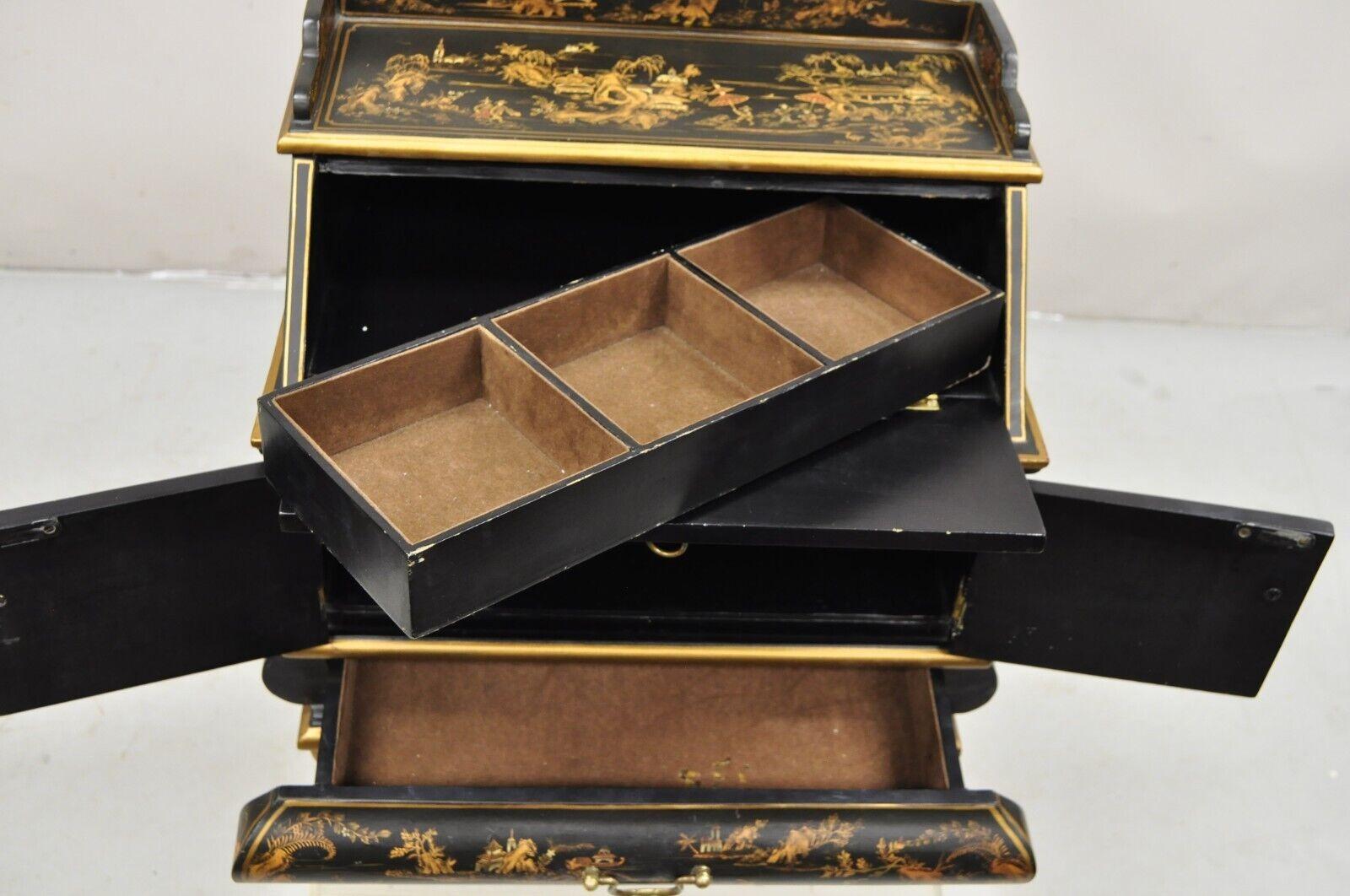 Decorative Chinoiserie Bombe Style Black Lacquer Oriental Jewelry Box For Sale 3