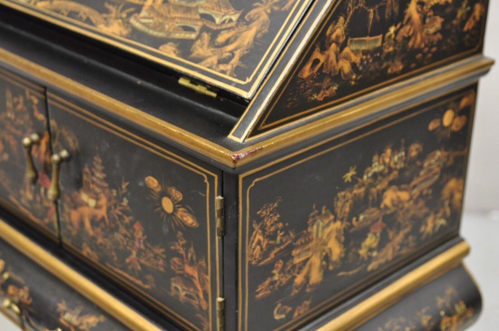 Decorative Chinoiserie Bombe Style Black Lacquer Oriental Jewelry Box For Sale 4