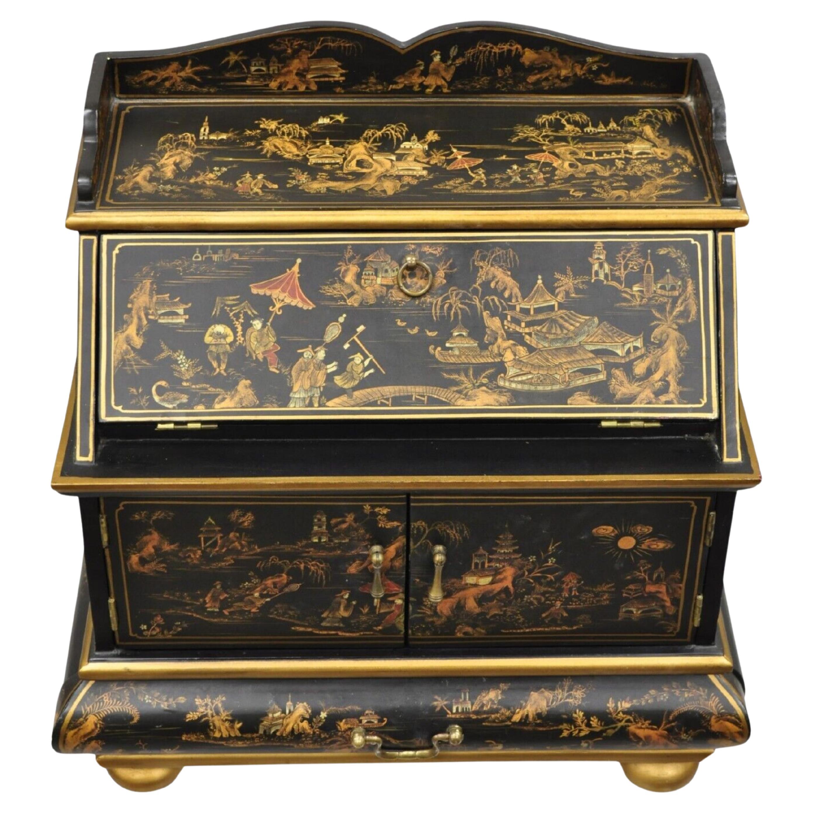 Decorative Chinoiserie Bombe Style Black Lacquer Oriental Jewelry Box For Sale