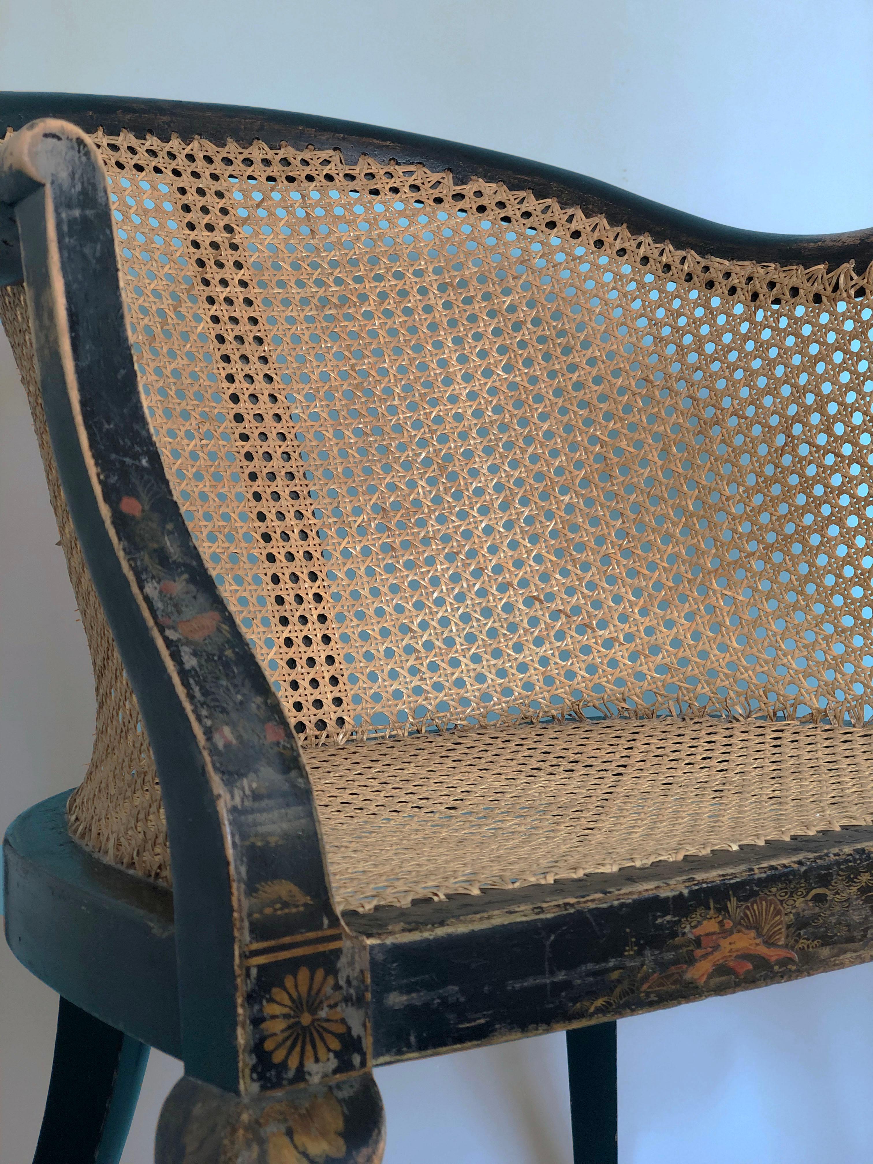 British Decorative Chinoiserie Tub Chair with Cane United KIngdom 1900s