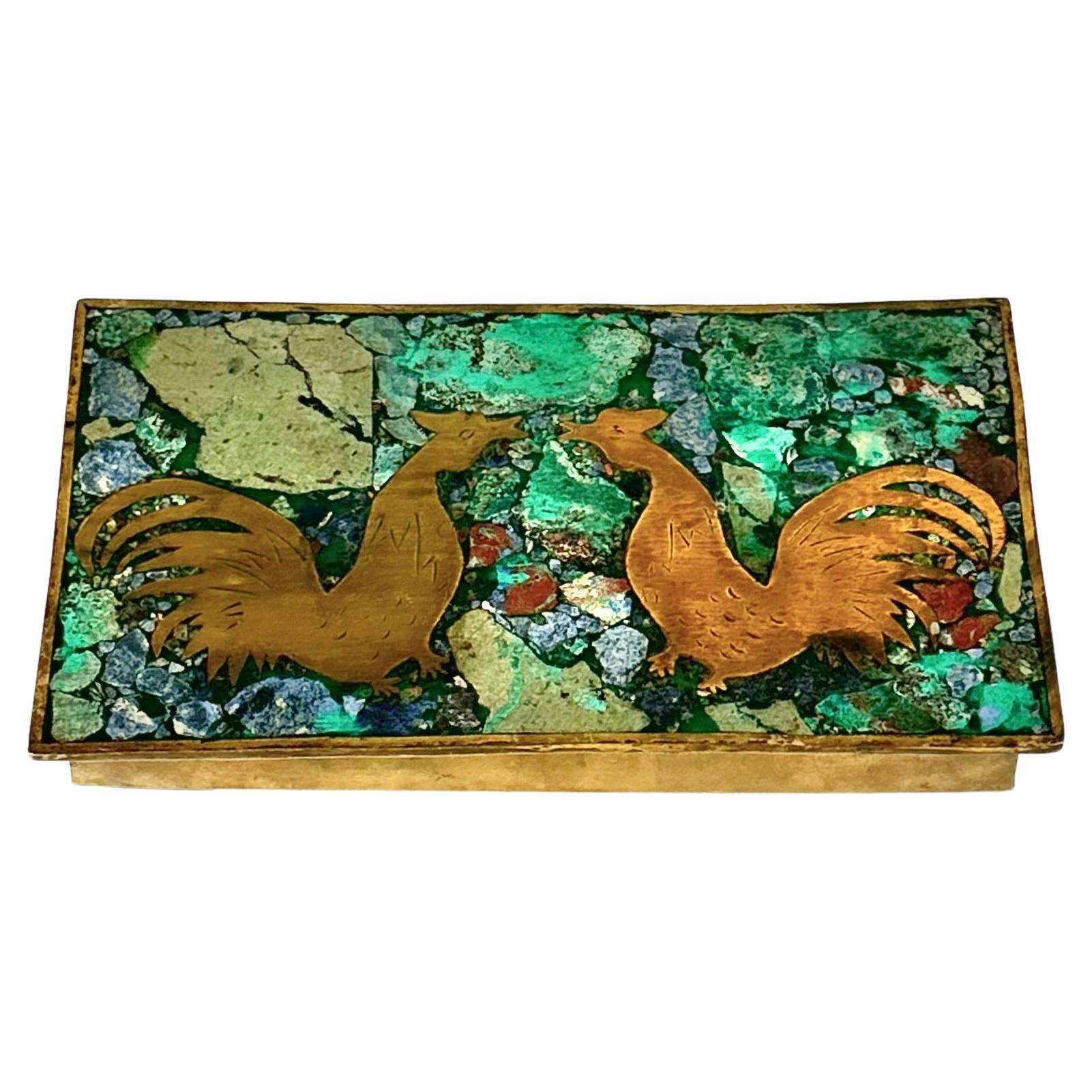 Decorative Cigar Box in Brass, Malachite and Wood, Mexico, 1960s For Sale