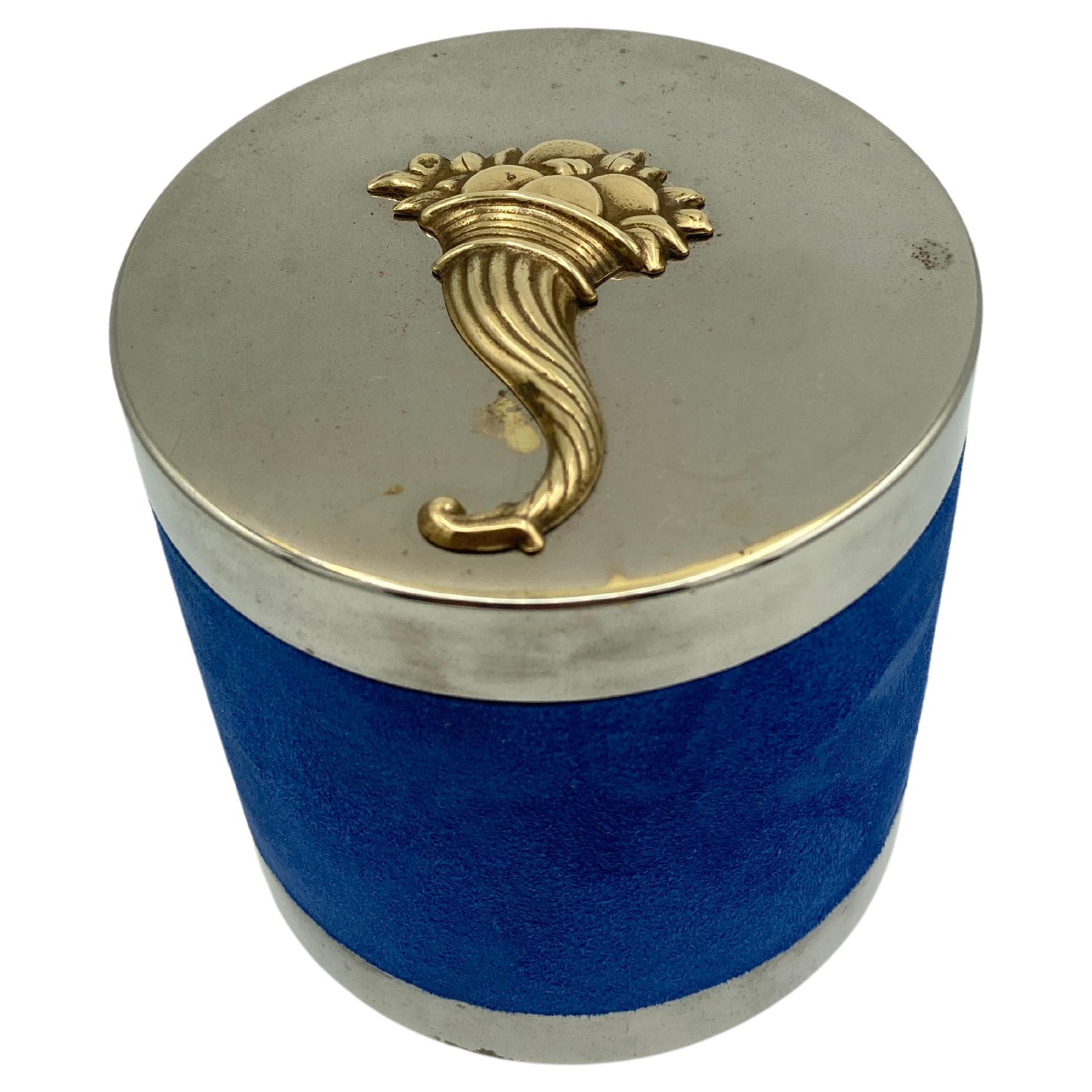 Decorative cigaret boxe covered with blue suede by Maison Hermès For Sale