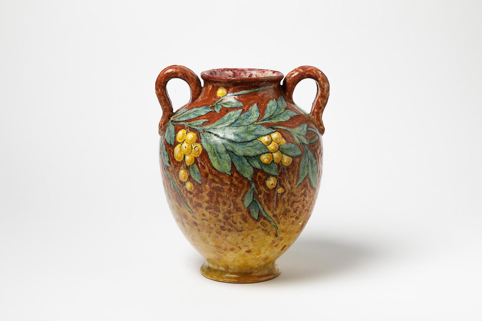 French Decorative Classic Stoneware Ceramic Vase by Chaumeil 1912 Orange and Flower For Sale