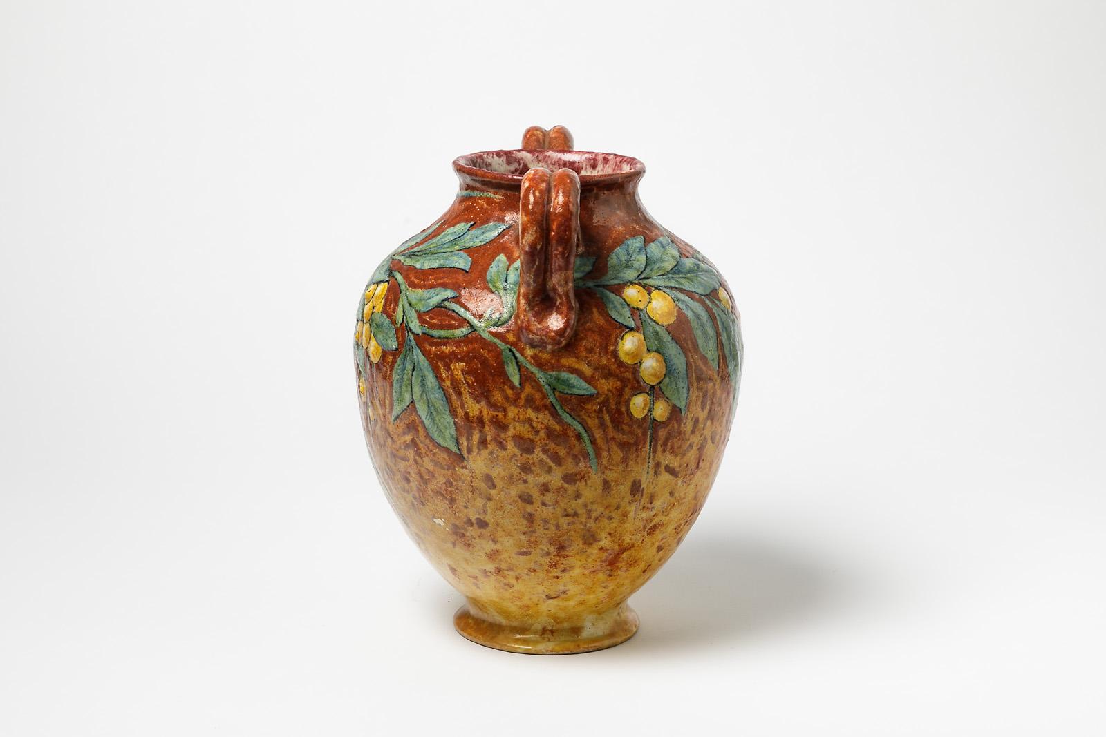 Dekorative Classic Steingut Keramik Vase von Chaumeil 1912 Orange und Blume im Zustand „Hervorragend“ im Angebot in Neuilly-en- sancerre, FR