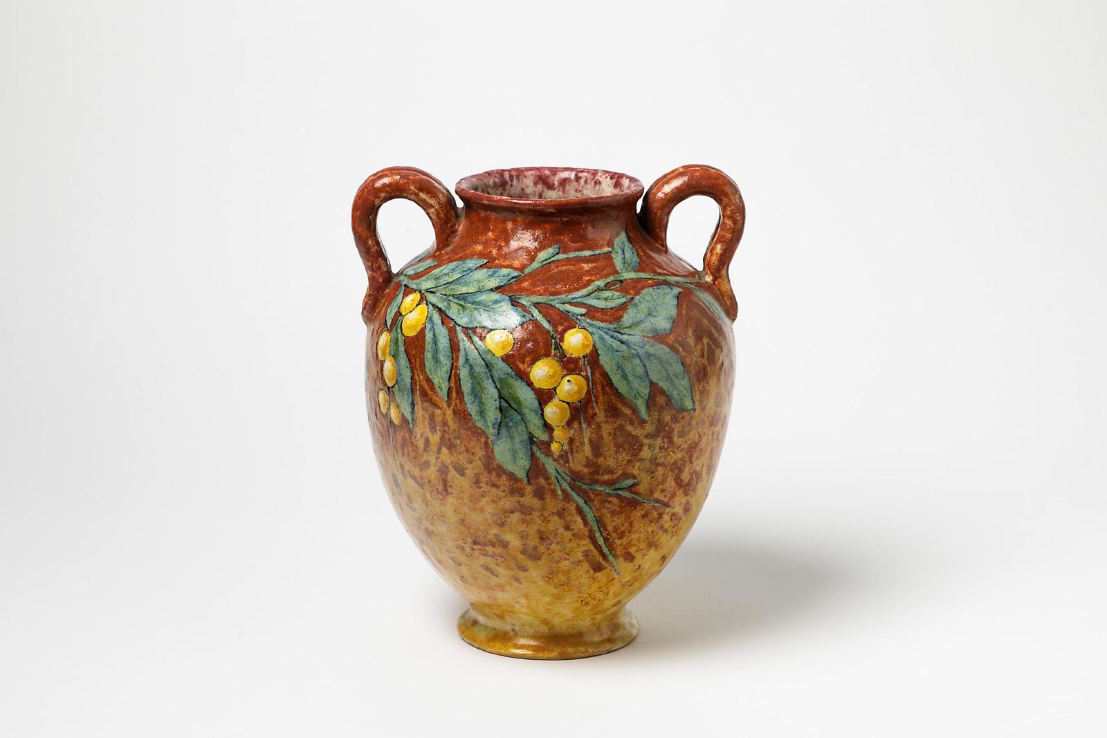 Dekorative Classic Steingut Keramik Vase von Chaumeil 1912 Orange und Blume im Angebot 1