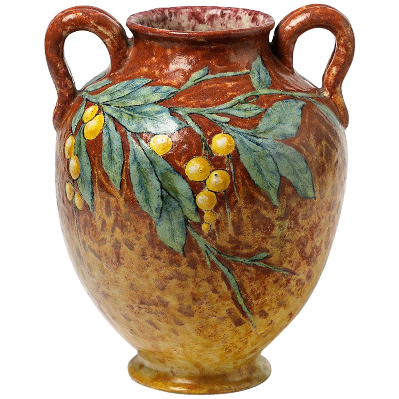Decorative Classic Stoneware Ceramic Vase by Chaumeil 1912 Orange and Flower For Sale