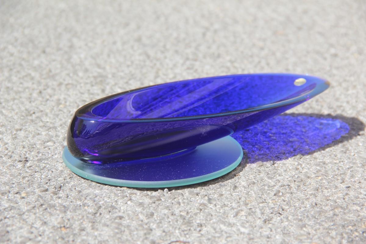Cobalt blue oval crystal bowl Italian Design 1980 mirror base round satin.