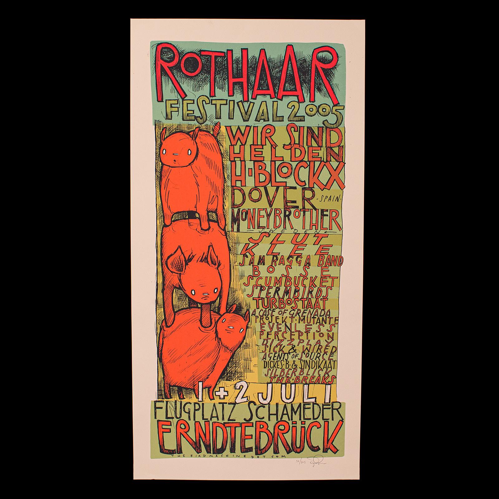This is a decorative concert screenprint. An American, art poster for the Rothaar Festival signed by the artist, dated to 2005.

Distinctive art poster for the Rothaar Festival in Germany
Displays gallery exhibition quality and in good original