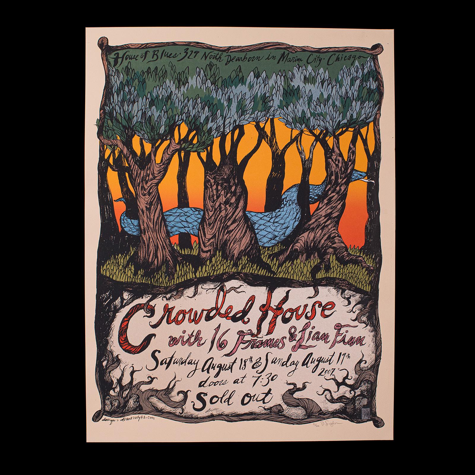 This is a decorative concert screenprint for Crowded House. An American, event art poster on paper stock, individually numbered and artist signed, dated 2007.

Wonderfully decorated with great colour and distinctive motif
In gallery exhibition