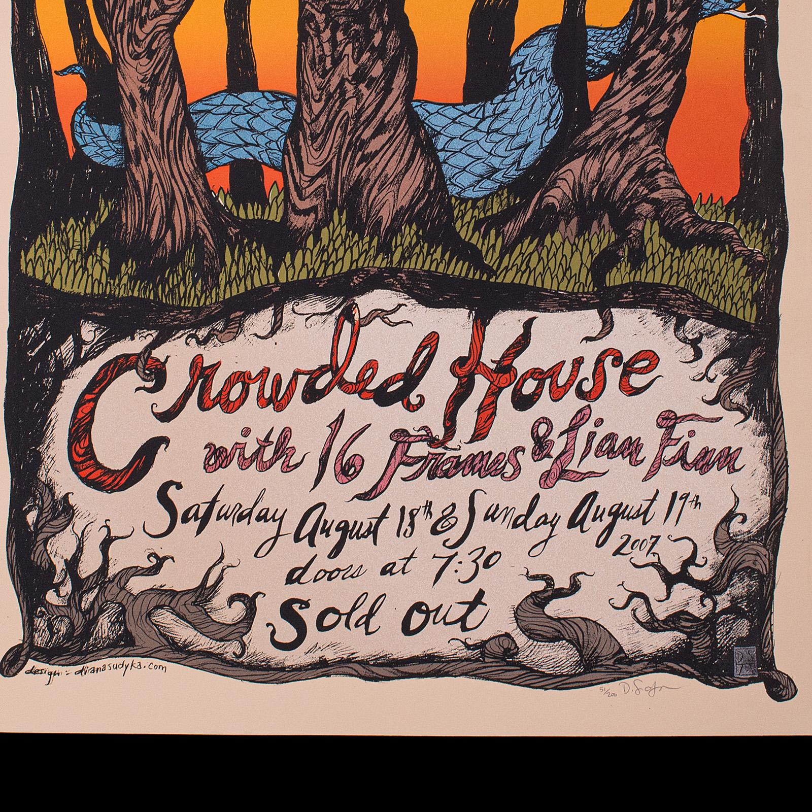 Decorative Concert Screenprint, Crowded House, American, Art Poster, Signed In Good Condition For Sale In Hele, Devon, GB