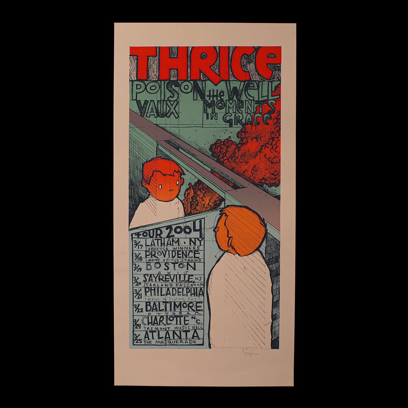 His is a decorative concert tour poster. An American, screenprinted art print for the band Thrice and signed by the artist, dated to 2004.

A palette of attractive colours for the American rock band Thrice
In excellent gallery exhibition order on