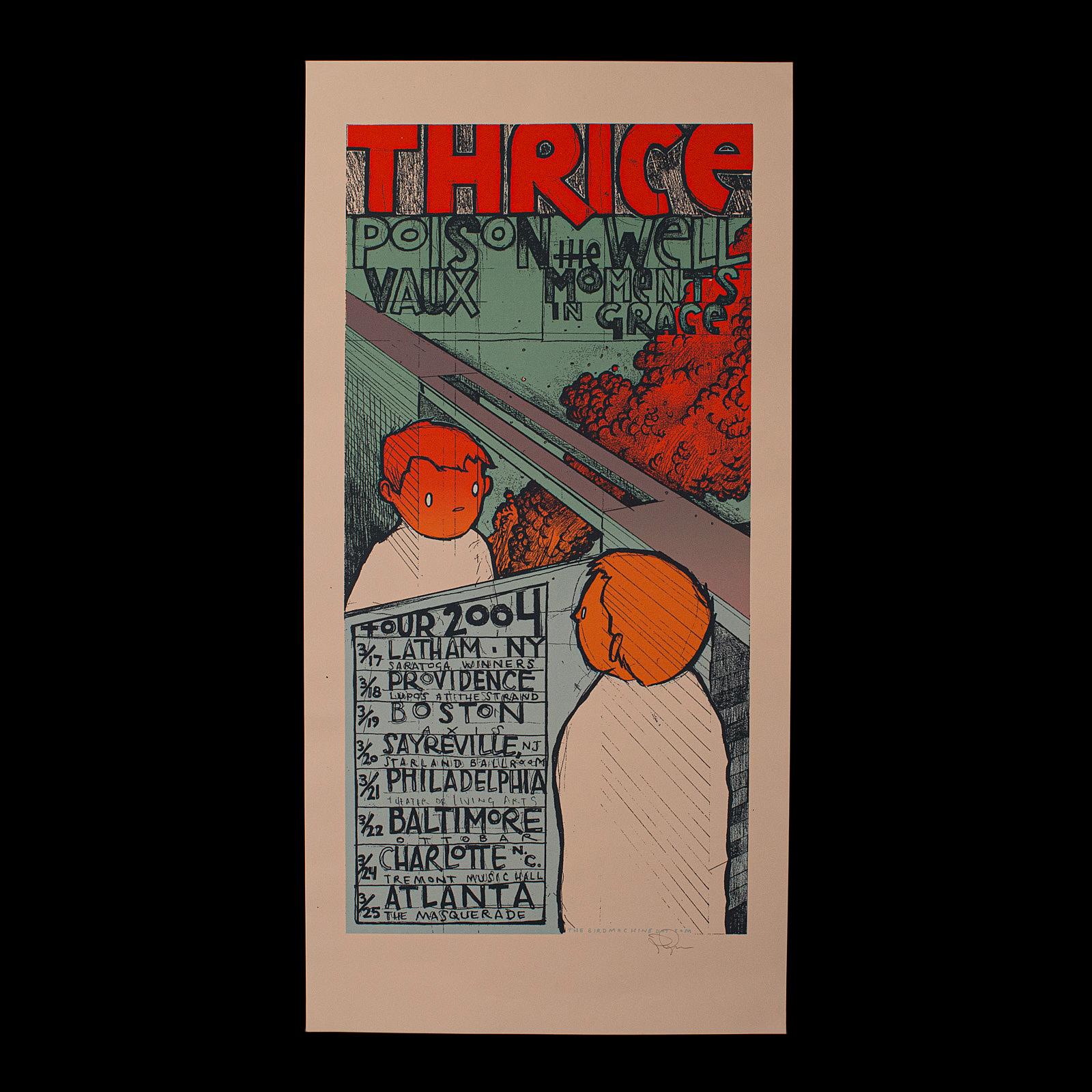 Il s'agit d'une affiche décorative de tournée de concerts. Une impression d'art américaine, sérigraphiée pour le groupe Thrice et signée par l'artiste, datée de 2004.

Une palette de couleurs attrayantes pour le groupe de rock américain