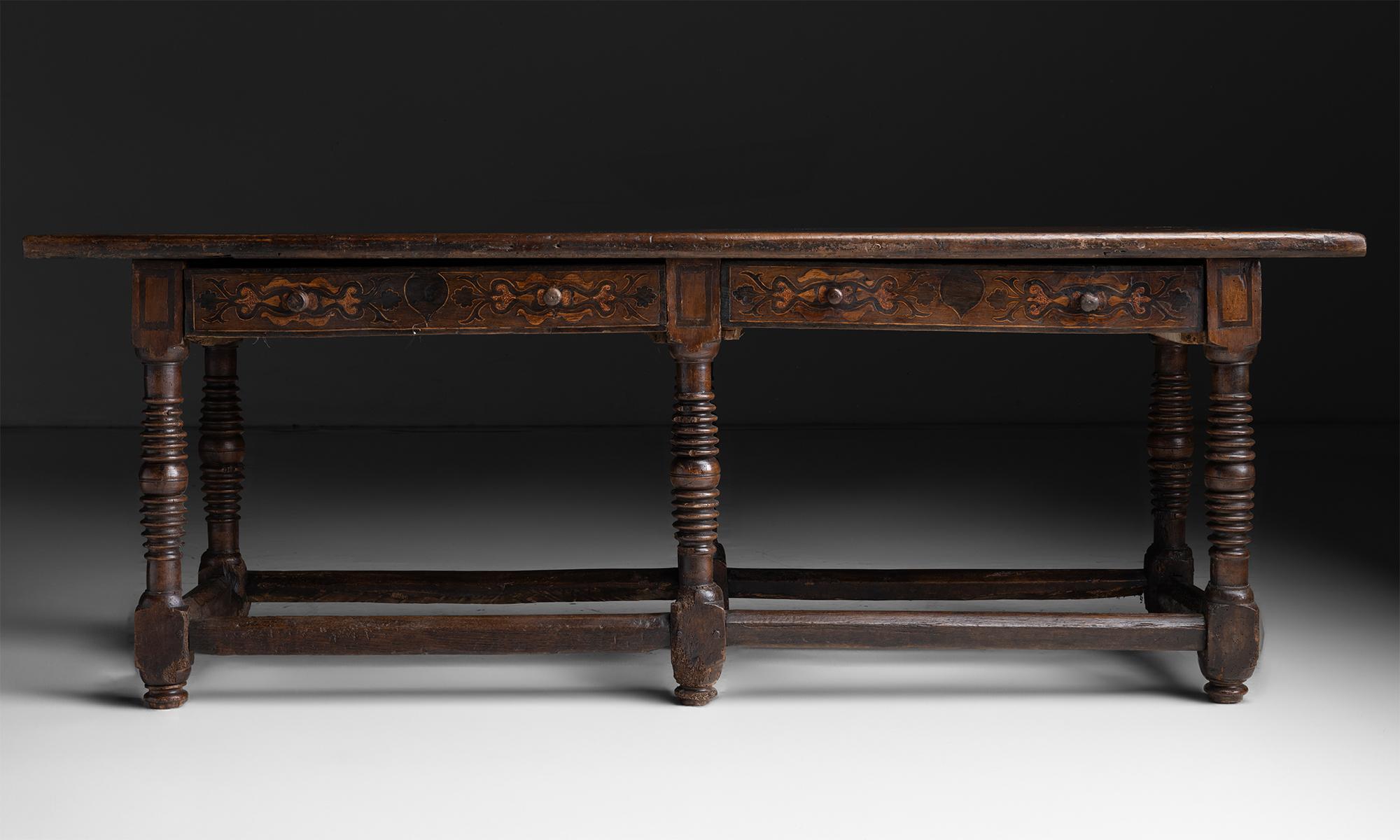 Decorative Console

Italy circa 1700

Unique console with inlay detailing on two front drawers, six turned legs.

84”L x 26.75”d x 30.5”h
