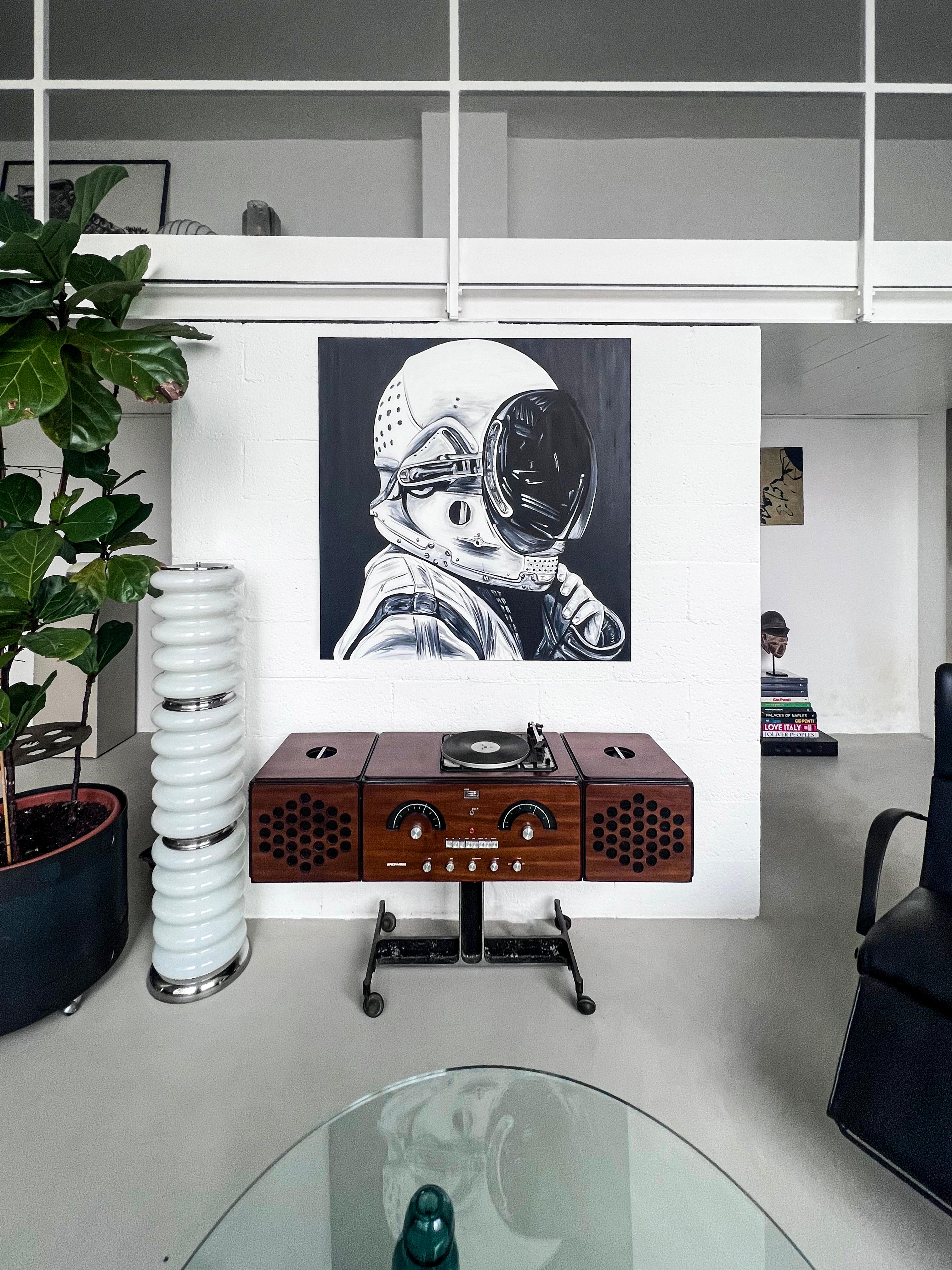 Modern Decorative contemporary black and white painting, cosmonaut by Ricardo Rodriguez For Sale