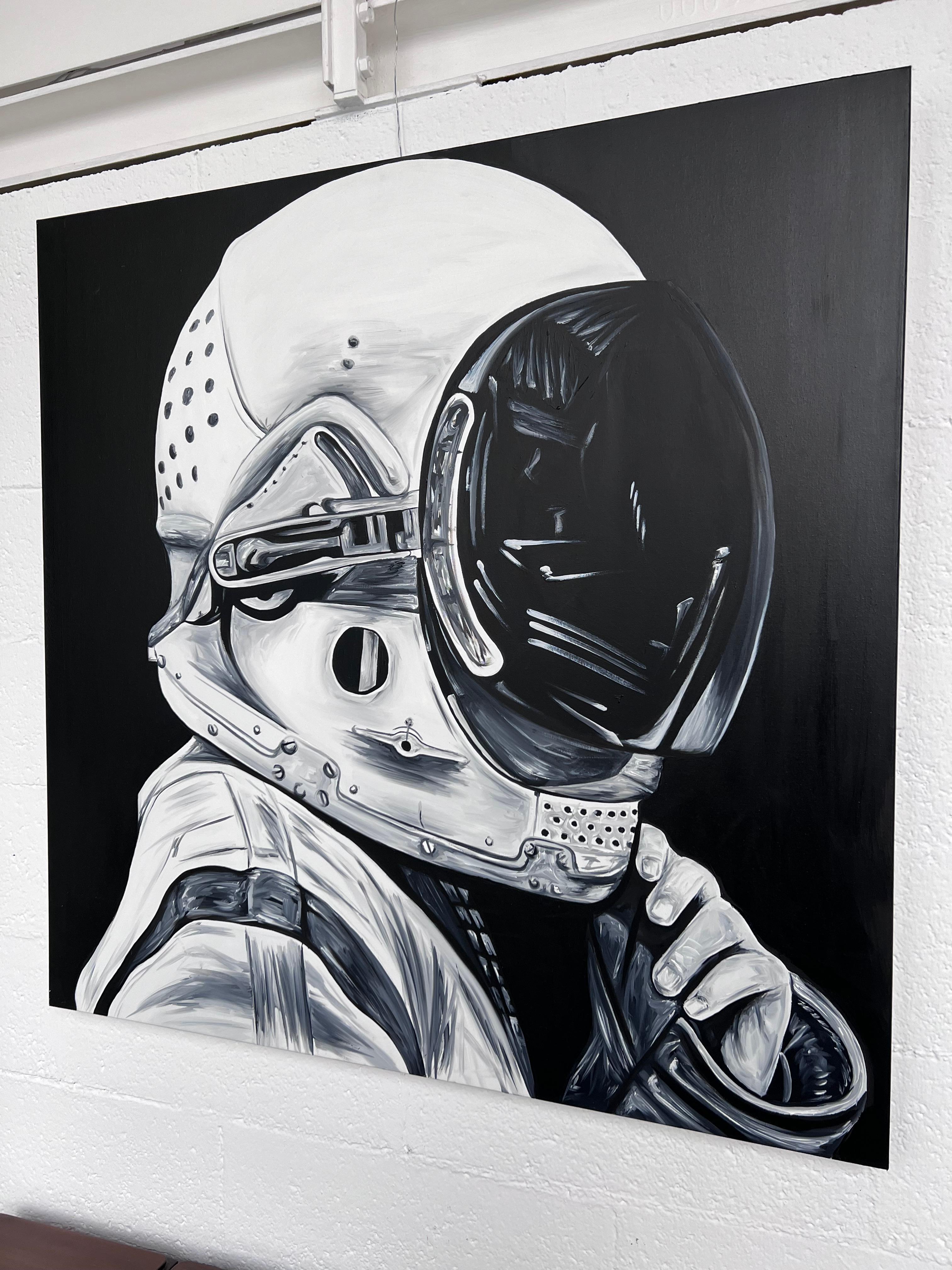 Spanish Decorative contemporary black and white painting, cosmonaut by Ricardo Rodriguez For Sale