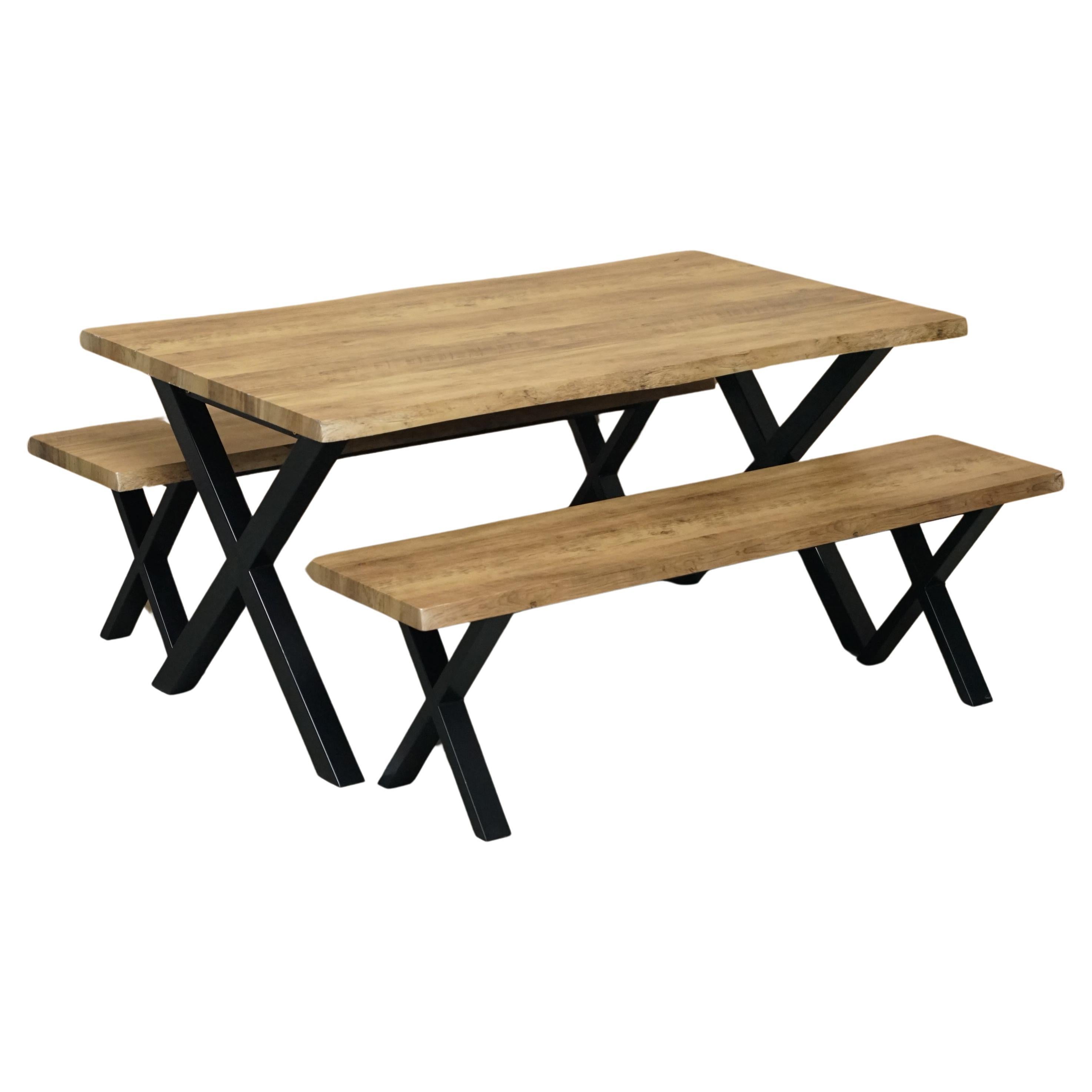 DECORATIVE CONTEMPORARY X FRAMED DINING TABLE & BENCHES PART OF A DiNING SUITE For Sale