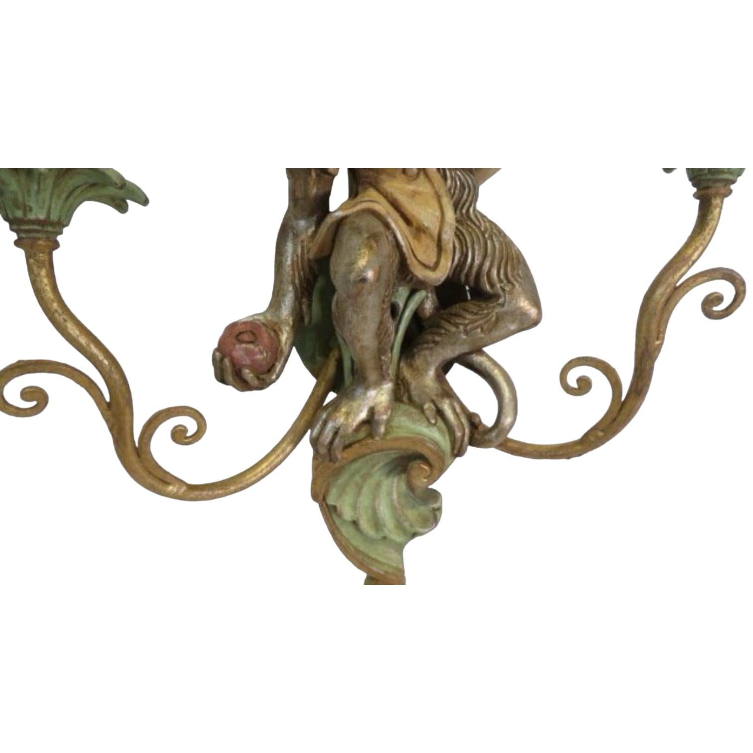 Decorative Crafts Italian Regency Style Carved Wood Monkey Palm Tree Sconces -2 For Sale 1