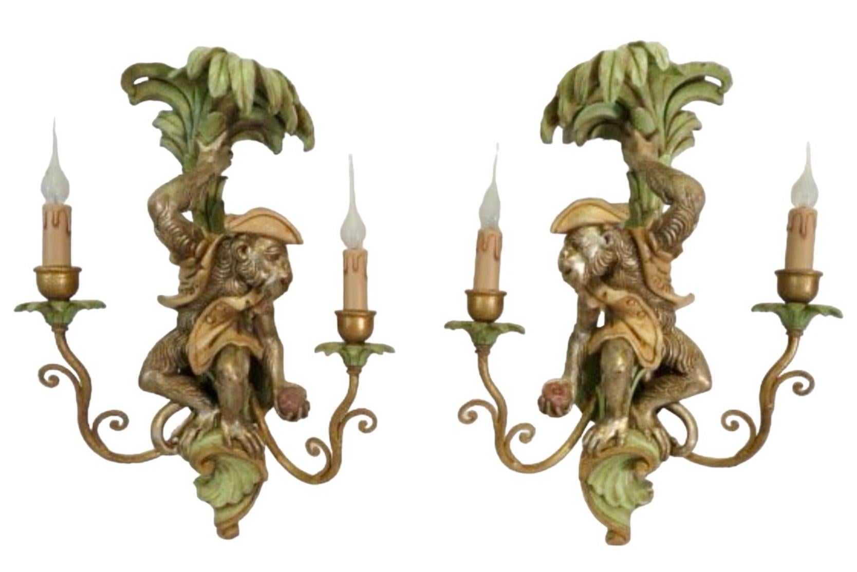 Decorative Crafts Italian Regency Style Carved Wood Monkey Palm Tree Sconces -2 For Sale 2