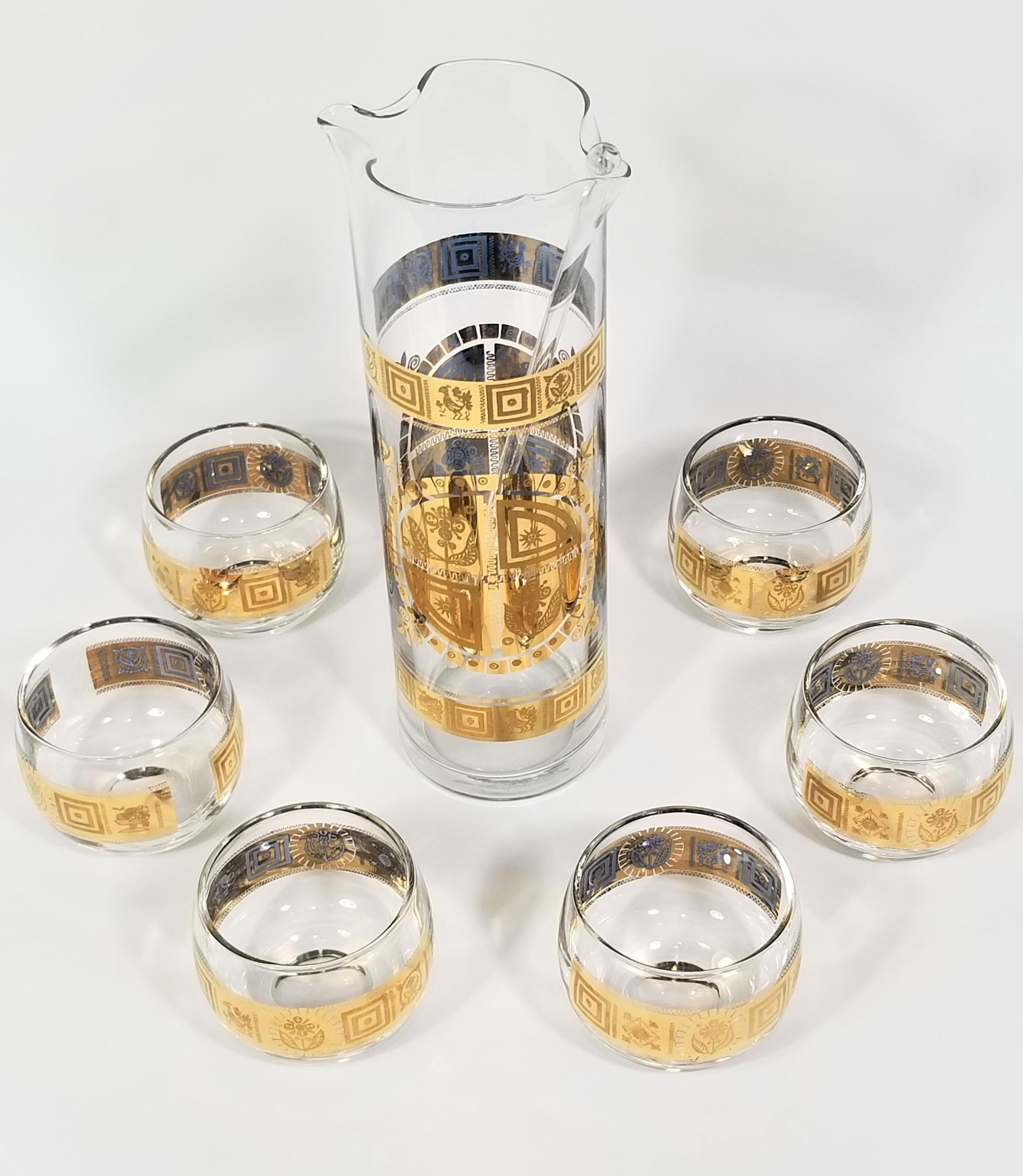 20th Century Culver 22K Gold Glassware Barware Cocktail Set Mid. Century 1960s