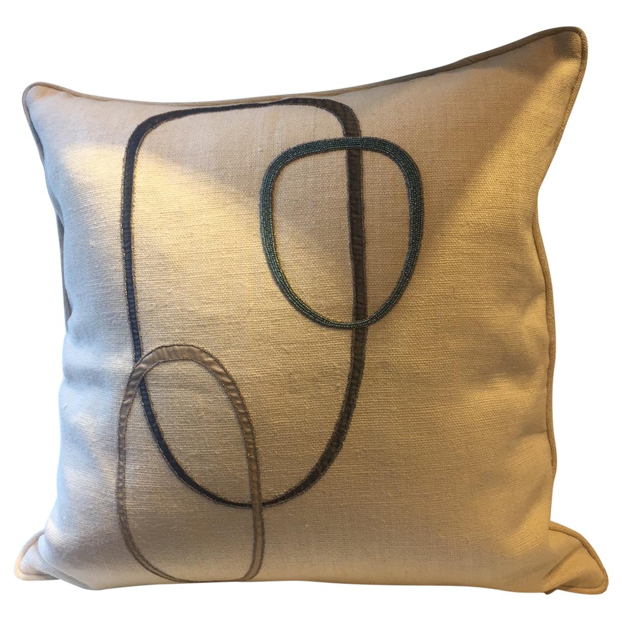 Decorative Cushion Linen Color Oyster with Contemporary Design Hand Embroidery