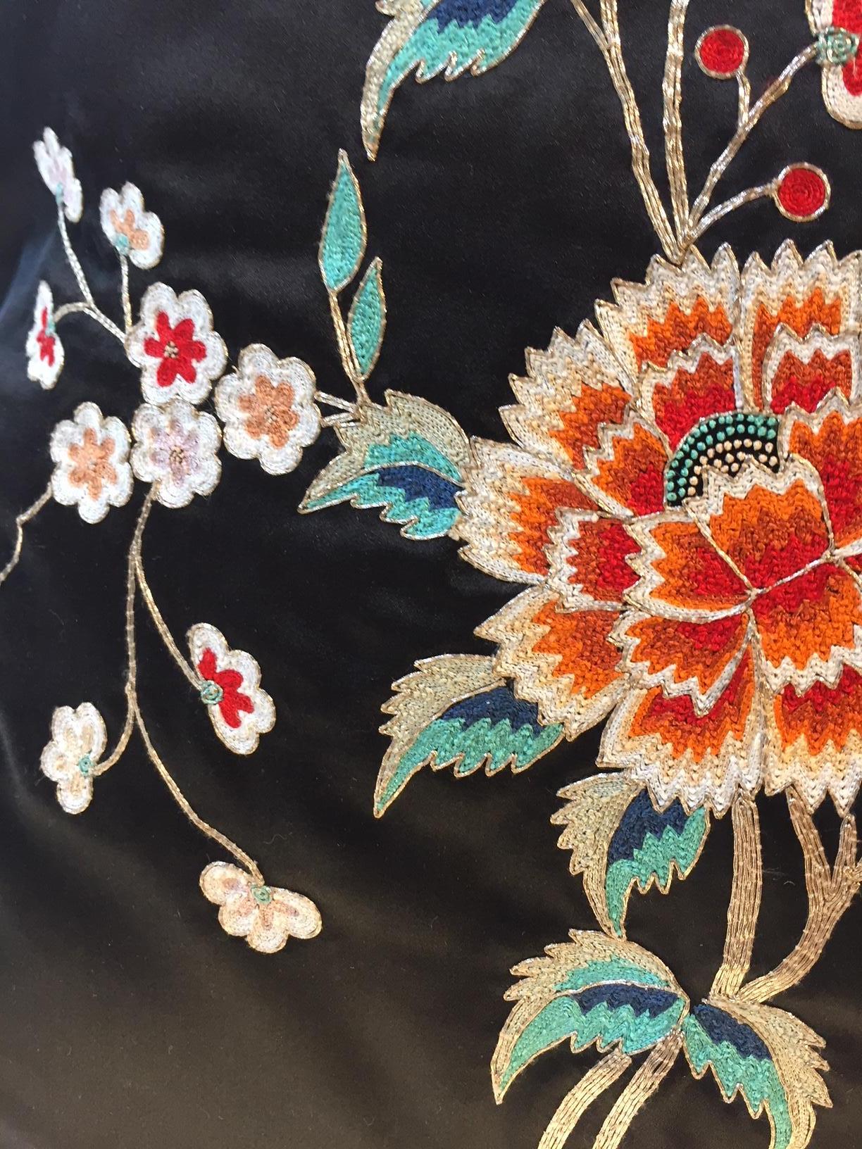 Decorative cushion silk satin col. black with Chinese inspired floral design hand embroidery with silk threads and high lights in silver thread, very fine piping in silk color ginger, 45 cm x 45 cm, cushion cover with cotton lining, feather inner