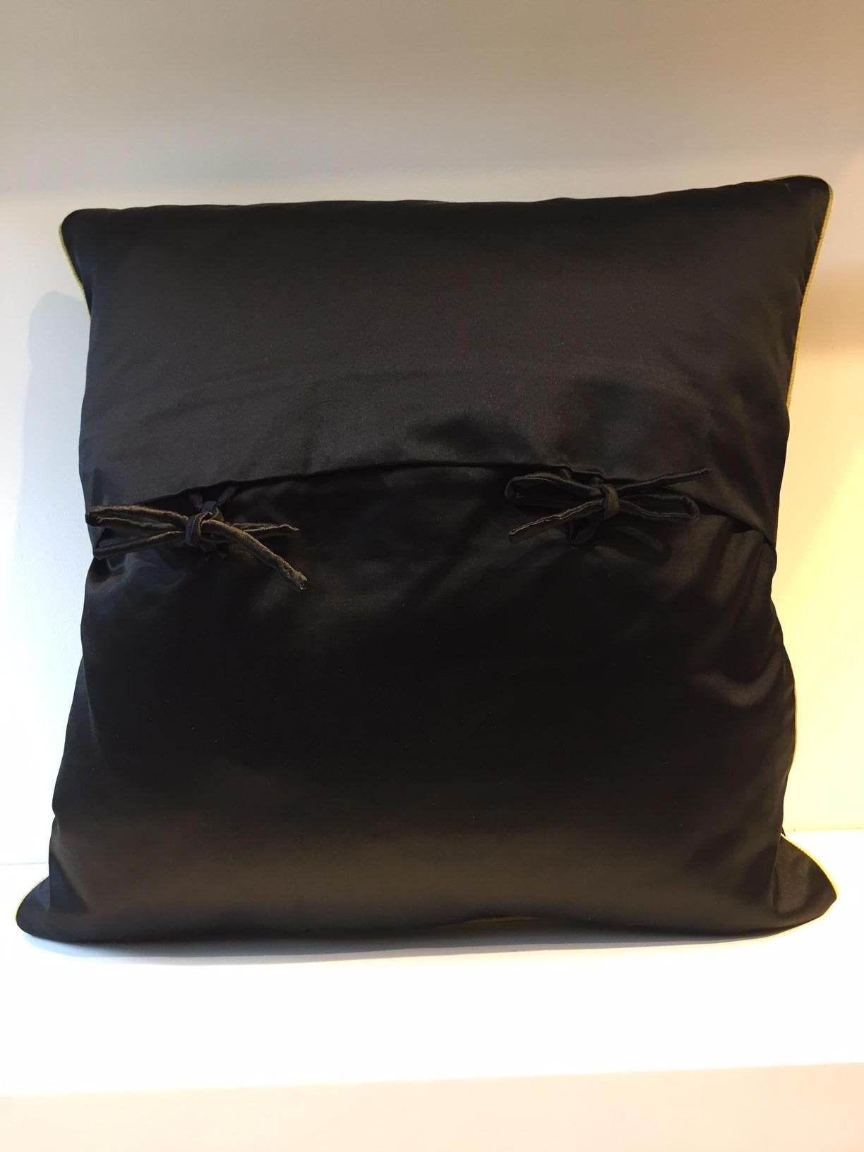 German Decorative Cushion Silk Black with Chinese Inspired Floral Hand Embroidery For Sale