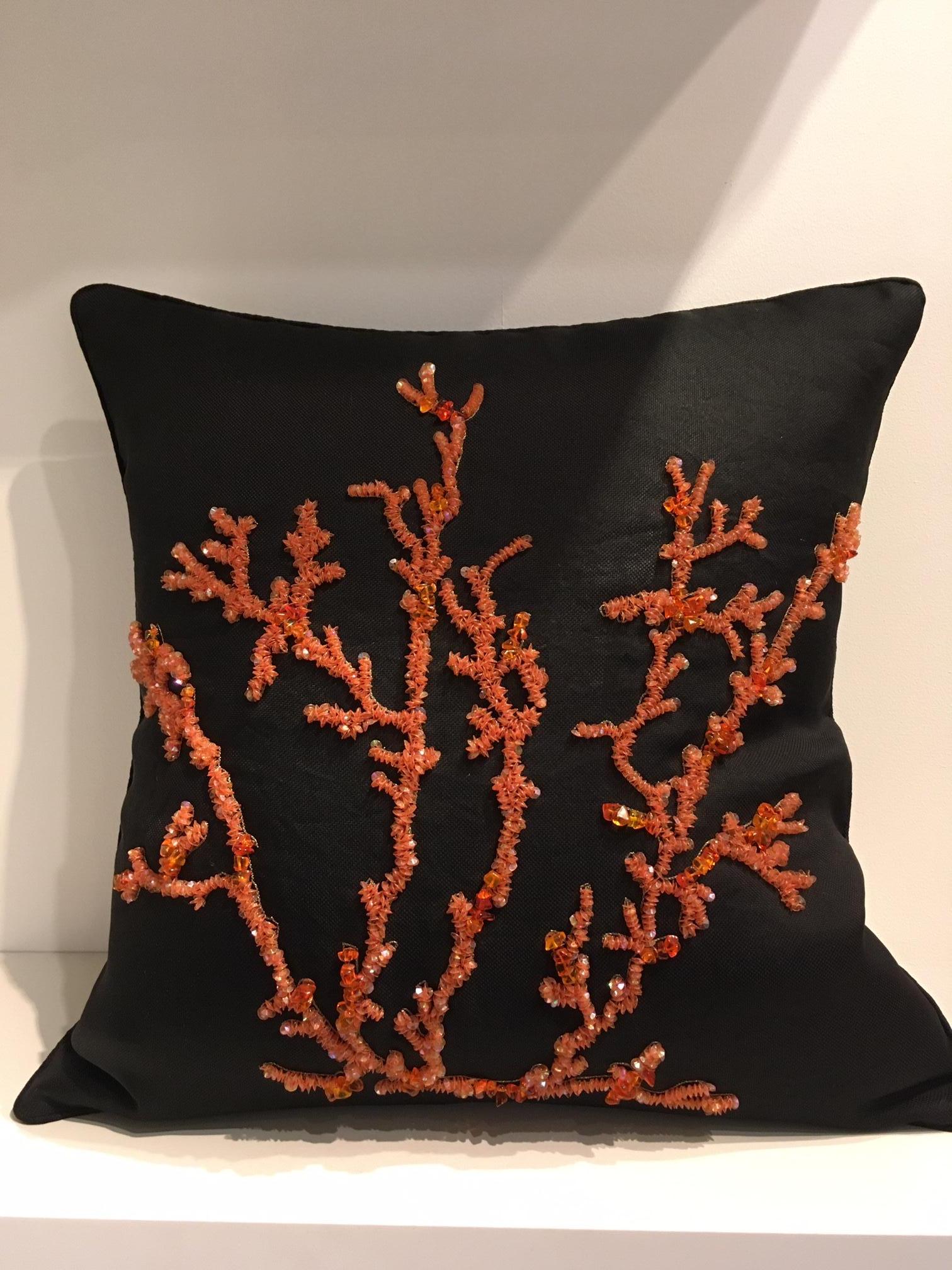 Decorative Cushion Silk Black With Coral Red Coral Design Hand