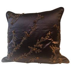 Decorative Cushion Silk Dark Blue with Coral Ribbon Hand Embroidery