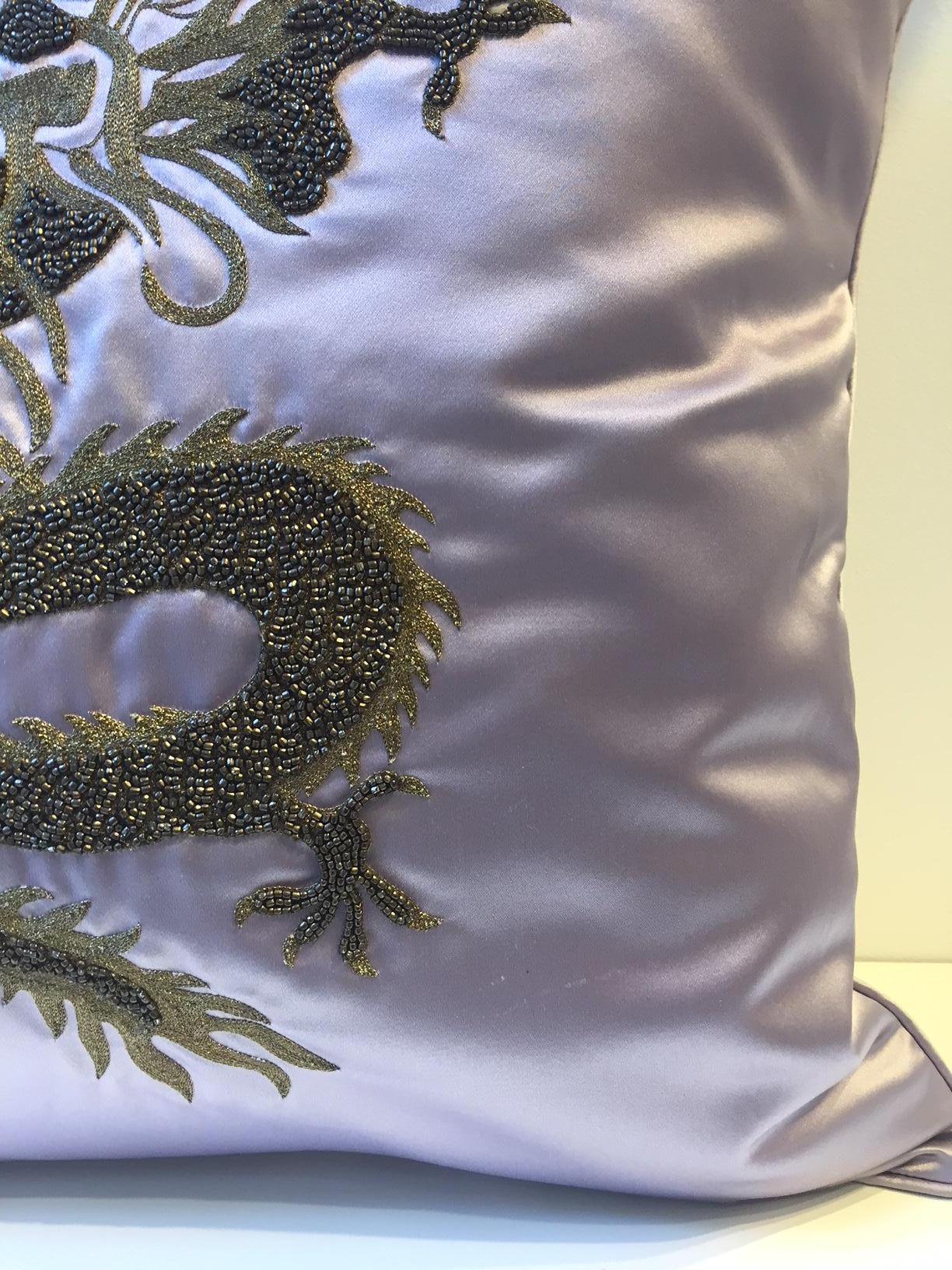 Cushion silk satin col. Lilac with dragon design hand embroidery gold thread and gold beads, cushion cover self piped, size 50cm x 50cm, cushion cover with cotton lining, feather inner 100% new goose feathers, 2 little marks on fabric on the back