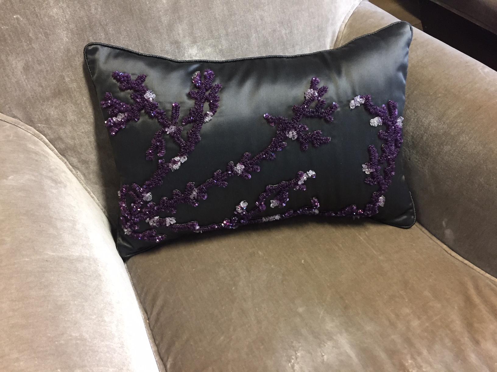 Cushion silk satin col. khaki with coral design hand embroidery col. purple sequins and semi-precious stone, size: 30 cm x 45 cm, cushion cover with cotton lining, feather inner 100% new goose feathers.