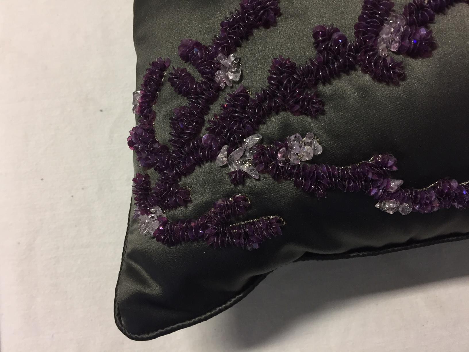 German Decorative Cushion Silk Satin Khaki and Purple Coral Design Hand Embroidery