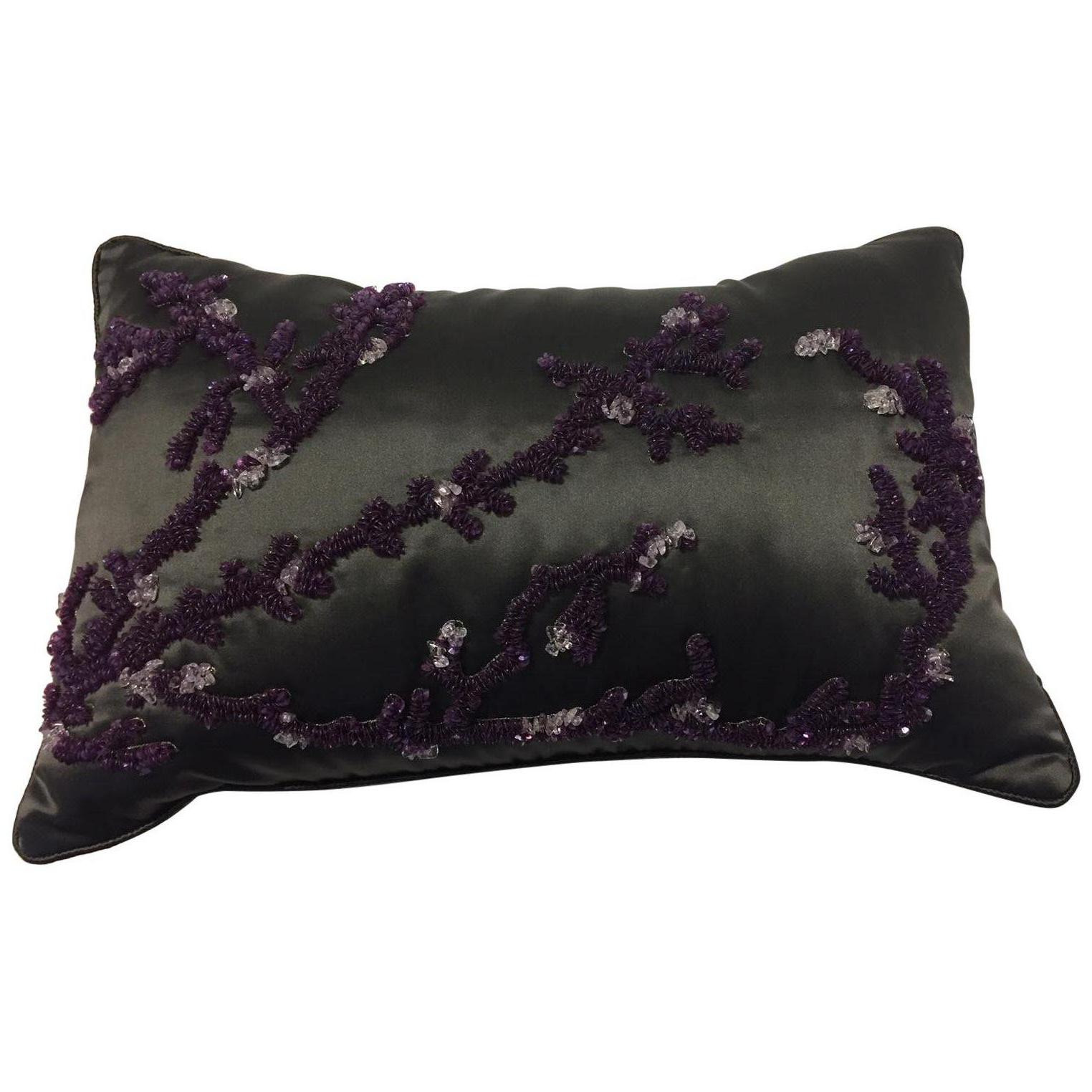 Decorative Cushion Silk Satin Khaki and Purple Coral Design Hand Embroidery