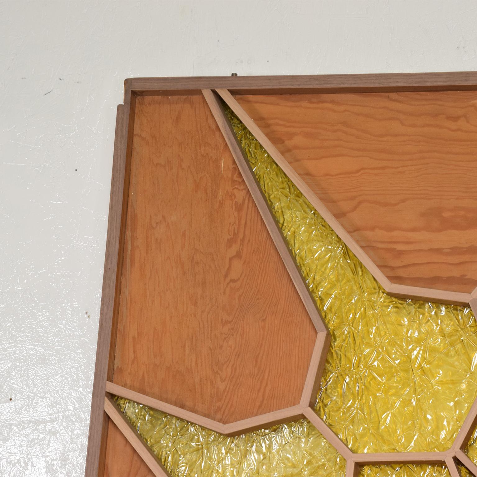 For your consideration, a decorative custom door panel room divider. Mexican modernist.
Construction made on plywood with some walnut veneer. Original plexiglass in gold yellow with Brutalist texture.
Unknown maker. Mexico, circa late