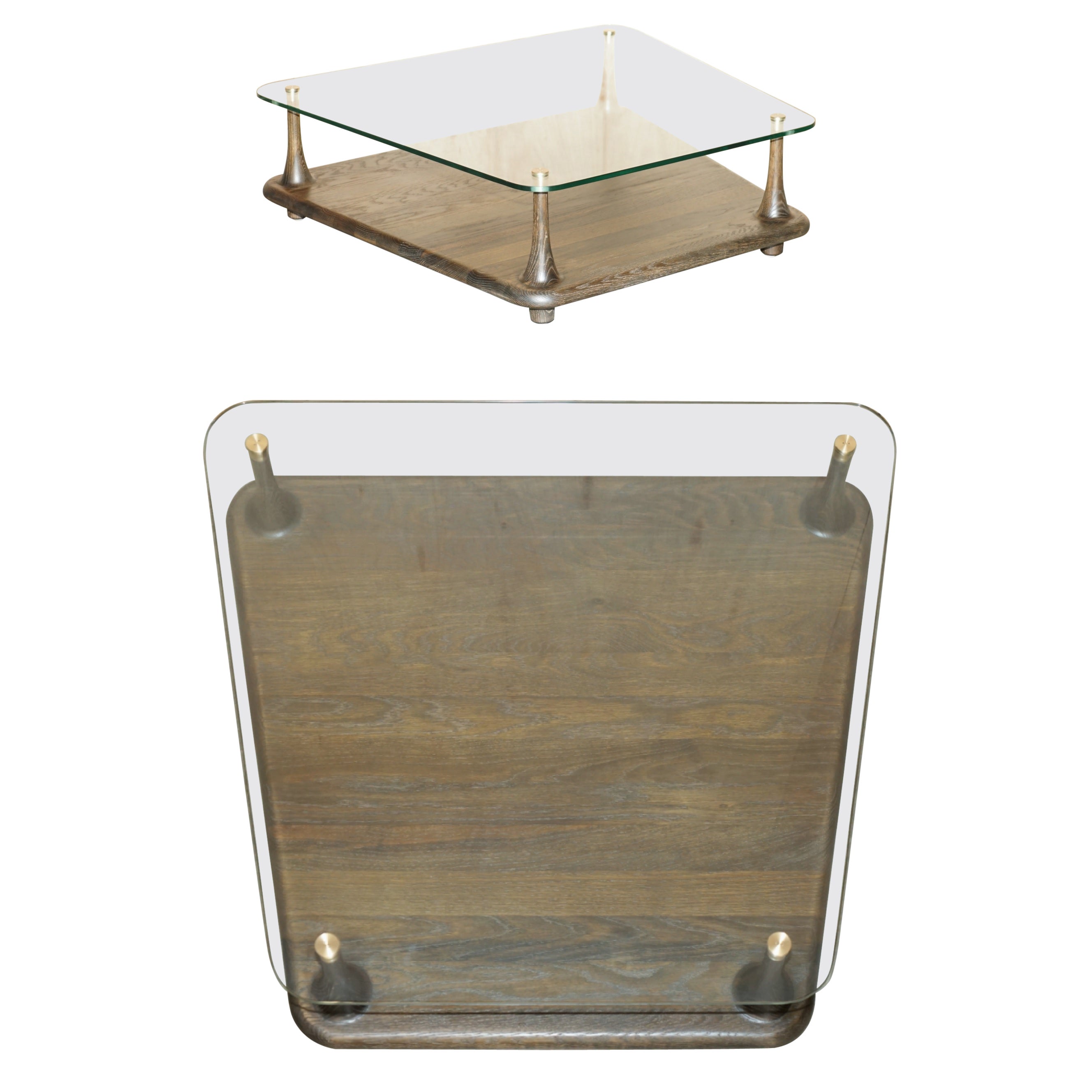 DECORATiVE DESIGNER GLASS & SEARED OAK TWO TIER COFFEE TABLE LOVELY PATINA For Sale