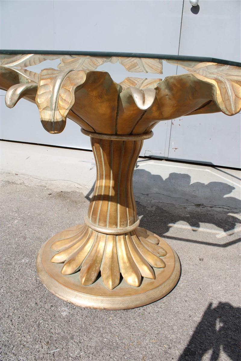 Decorative Dining Table Lotus Flower in Carved Wood and Golden Italy 1970 Glass  For Sale 5