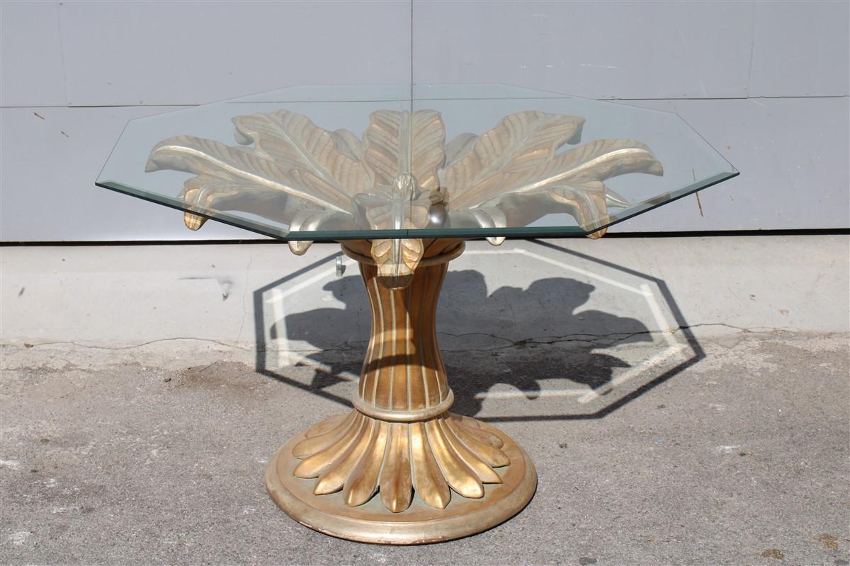 Decorative Dining Table Lotus Flower in Carved Wood and Golden Italy 1970 Glass  For Sale 6