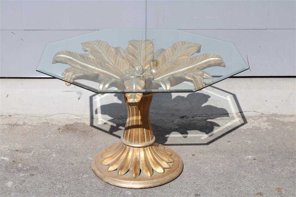 Decorative Dining Table Lotus Flower in Carved Wood and Golden Italy 1970 Glass  For Sale 8