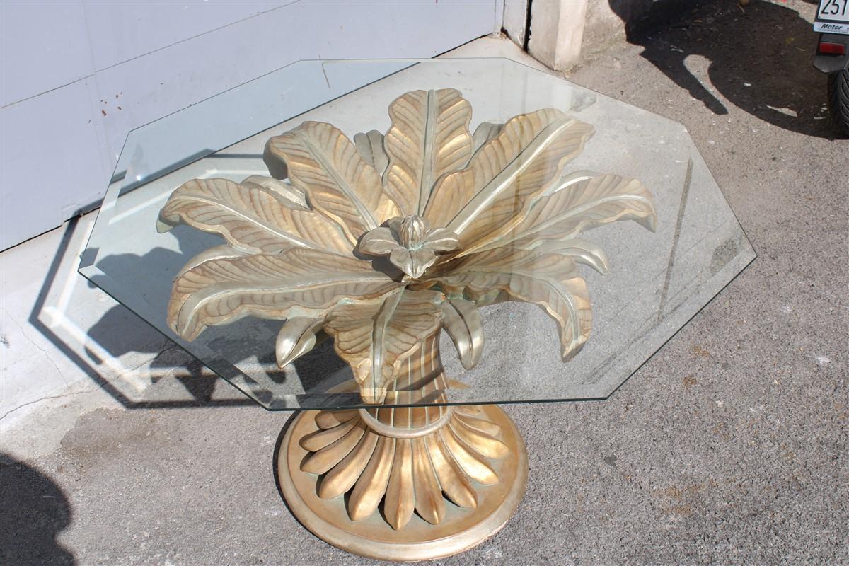Decorative Dining Table Lotus Flower in Carved Wood and Golden Italy 1970 Glass  For Sale 9