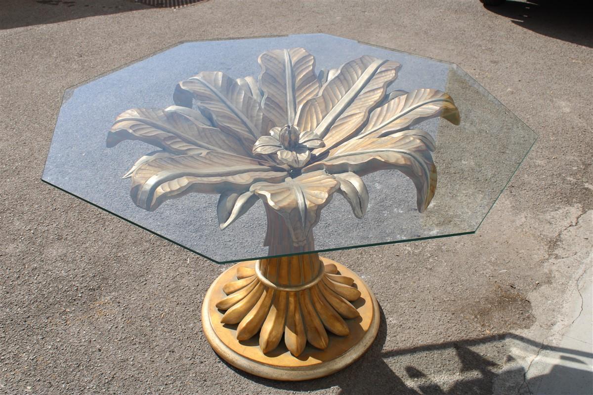 Decorative dining table lotus flower in carved wood and golden Italy 1970 glass top, hand carved and gilded, great decorative design, hexagonal top glass plate with ground sides.