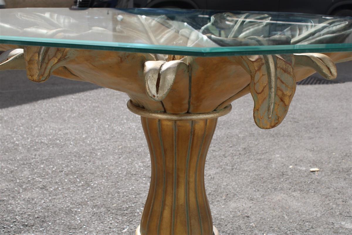 Italian Decorative Dining Table Lotus Flower in Carved Wood and Golden Italy 1970 Glass  For Sale