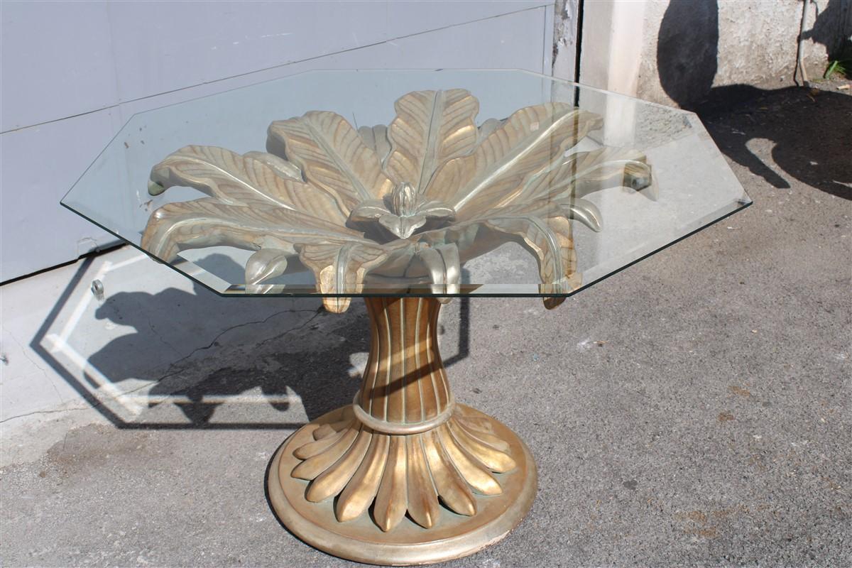Late 20th Century Decorative Dining Table Lotus Flower in Carved Wood and Golden Italy 1970 Glass  For Sale