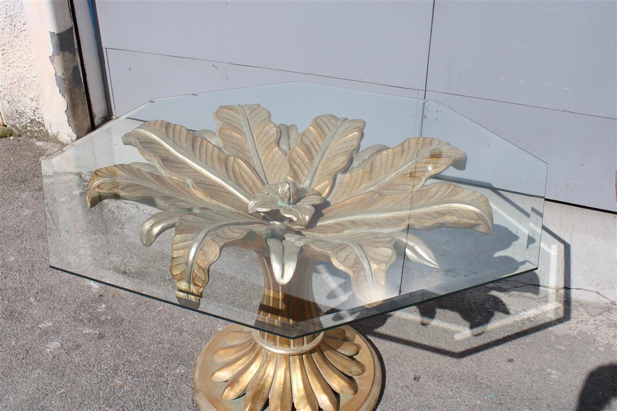 Decorative Dining Table Lotus Flower in Carved Wood and Golden Italy 1970 Glass  For Sale 1